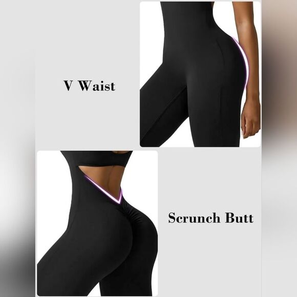 NWT Vertvie V-back Ruched Butt Bodycon Flare Jumpsuit Black Sleeveless Stretch - Picture 7 of 8